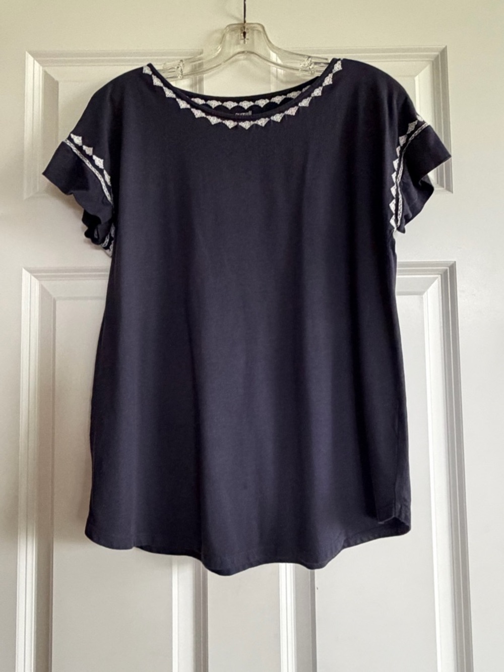J. Jill Navy Short-Sleeve Embroidered Neck Top